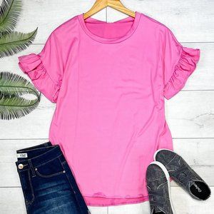 Round Neck Ruffle Sleeve Top - BRIGHT PINK